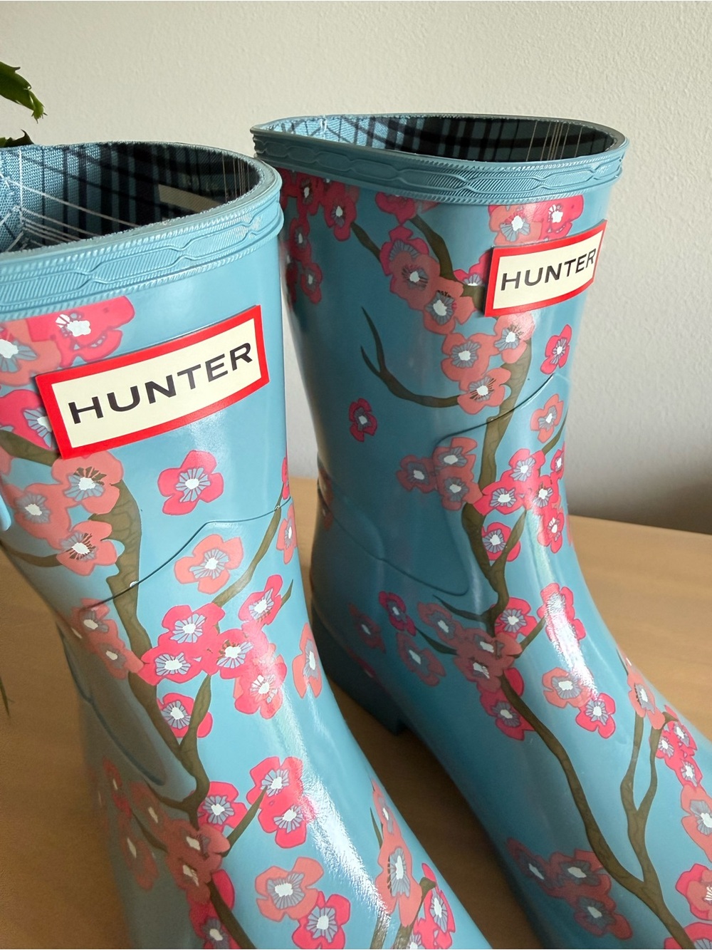 Hunter Refined Blossom Print Short Boots Cherry Blossoms on Blue 7 - Picture 2 of 10